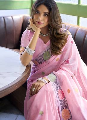 Pink floral printed linen jacquard saree with unstiched blouse piece 4