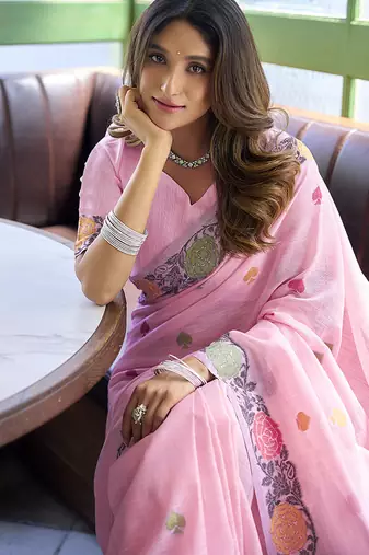 Pink floral printed linen jacquard saree with unstiched blouse piece