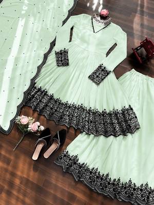 Light green faux georgette embroidered kurta palazzo set with dupatta 3