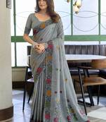 Grey floral printed linen jacquard saree with unstiched blouse piece