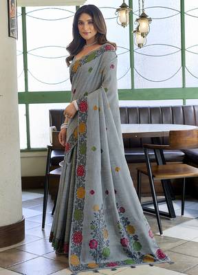 Grey floral printed linen jacquard saree with unstiched blouse piece 2