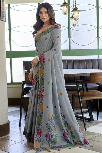 Grey floral printed linen jacquard saree with unstiched blouse piece