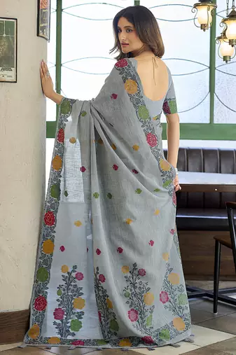 Grey floral printed linen jacquard saree with unstiched blouse piece