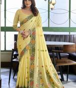Light yellow floral printed linen jacquard saree with unstiched blouse piece