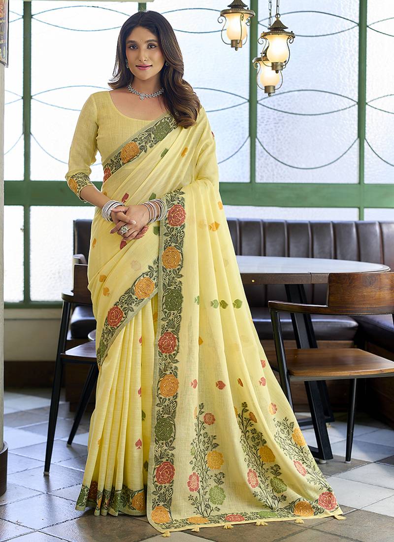 Light yellow floral printed linen jacquard saree with unstiched blouse piece