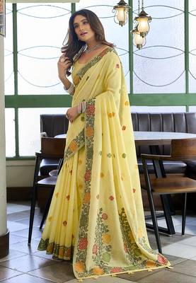 Light yellow floral printed linen jacquard saree with unstiched blouse piece 2