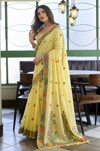 Light yellow floral printed linen jacquard saree with unstiched blouse piece