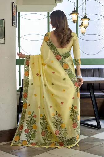 Light yellow floral printed linen jacquard saree with unstiched blouse piece