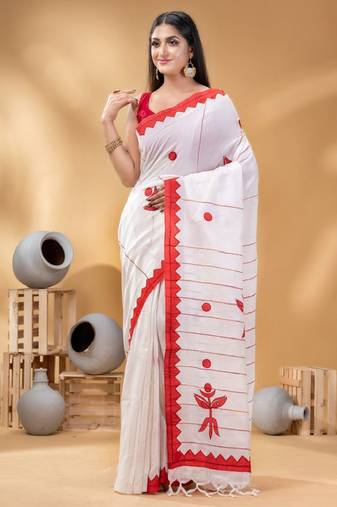 white cotton taant saree with geometric woven design