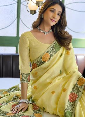 Light yellow floral printed linen jacquard saree with unstiched blouse piece 4