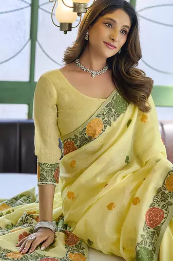 Light yellow floral printed linen jacquard saree with unstiched blouse piece