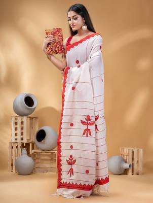 Geometric woven design pure cotton taant saree 4