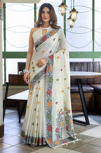 Off white floral printed linen jacquard saree with unstiched blouse piece