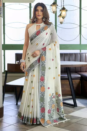 Off white floral printed linen jacquard saree with unstiched blouse piece