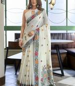 Off white floral printed linen jacquard saree with unstiched blouse piece