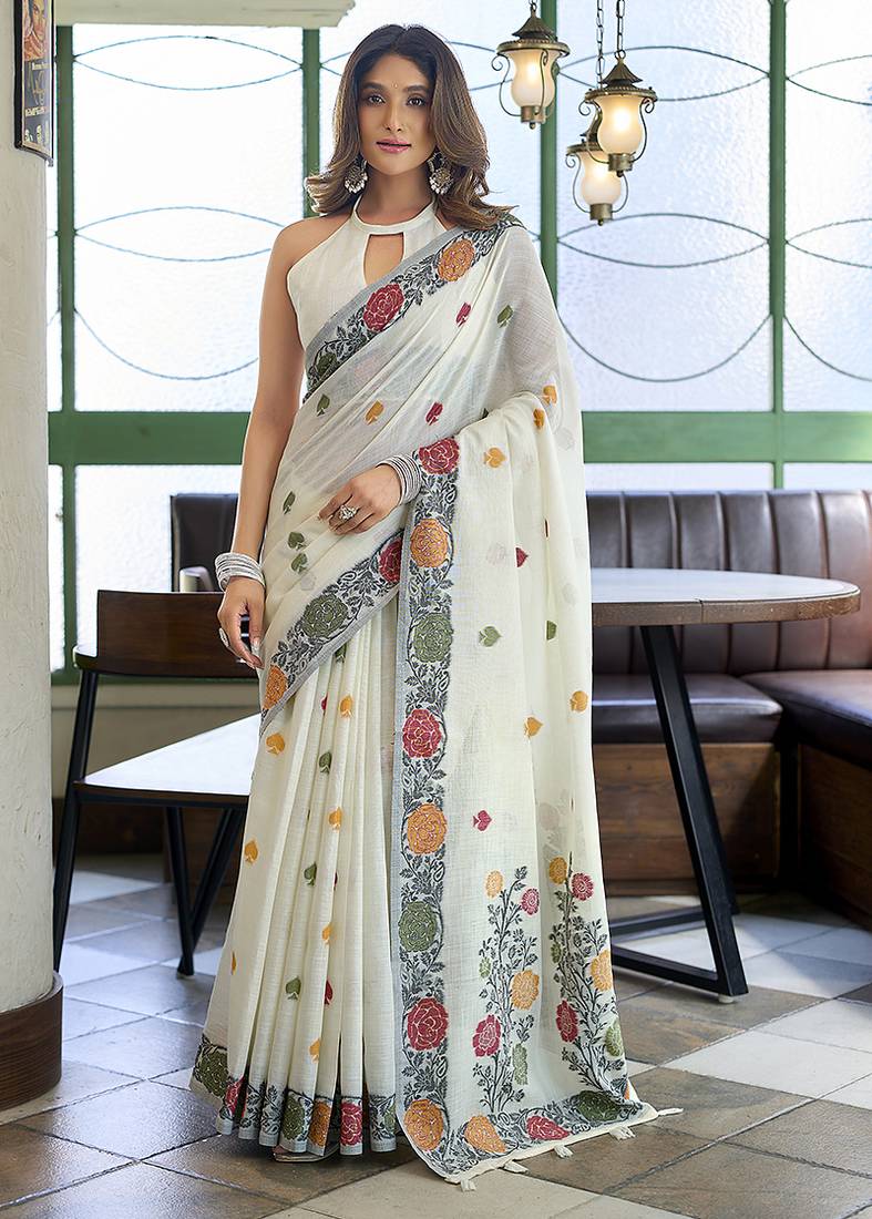 Off white floral printed linen jacquard saree with unstiched blouse piece