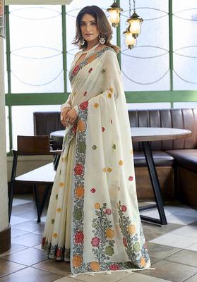 Off white floral printed linen jacquard saree with unstiched blouse piece 2
