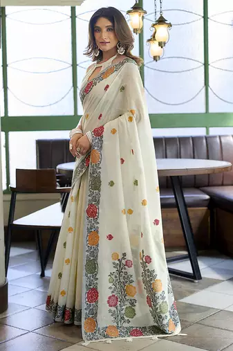 Off white floral printed linen jacquard saree with unstiched blouse piece