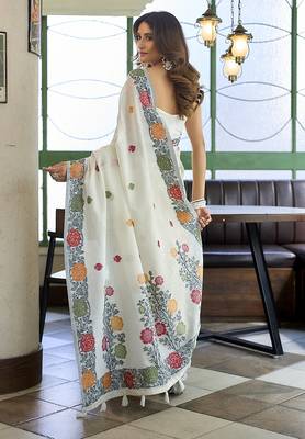 Off white floral printed linen jacquard saree with unstiched blouse piece 3