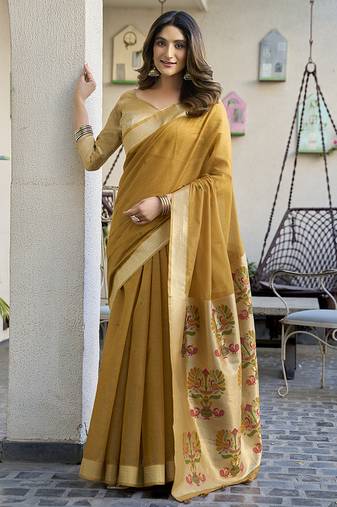 Mustard cotton blend jacquard saree with traditional paithani pallu