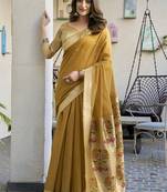 Mustard cotton blend jacquard saree with traditional paithani pallu