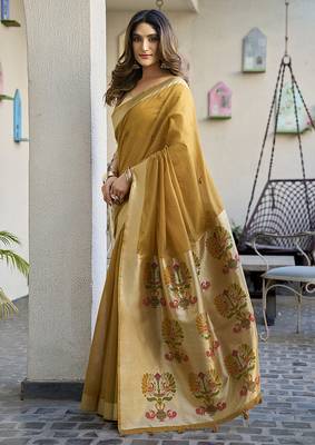 Mustard cotton blend jacquard saree with traditional paithani pallu 2