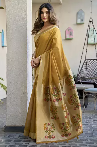 Mustard cotton blend jacquard saree with traditional paithani pallu