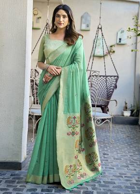 Sea green cotton blend jacquard saree with traditional paithani pallu 1