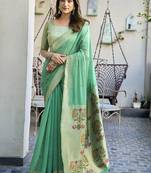Sea green cotton blend jacquard saree with traditional paithani pallu