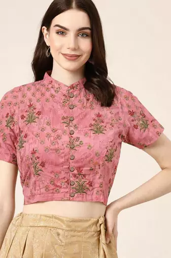 Pink cotton sanganeri printed non padded blouse