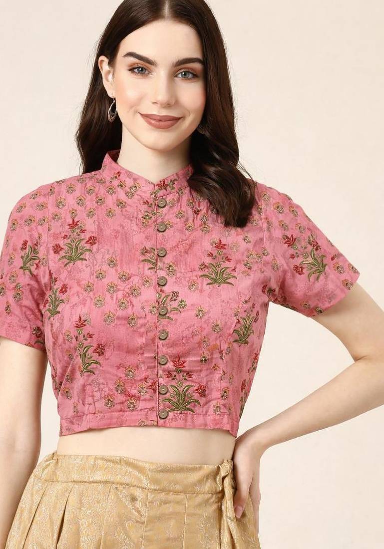 Pink cotton sanganeri printed non padded blouse