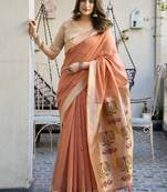 Peach cotton blend jacquard saree with traditional paithani pallu