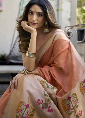 Peach cotton blend jacquard saree with traditional paithani pallu 4
