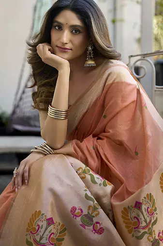 Peach cotton blend jacquard saree with traditional paithani pallu