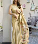 Beige cotton blend jacquard saree with traditional paithani pallu