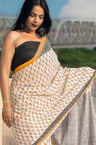Floral printed pure cotton bagru saree