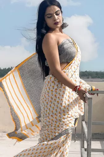 Floral printed pure cotton bagru saree