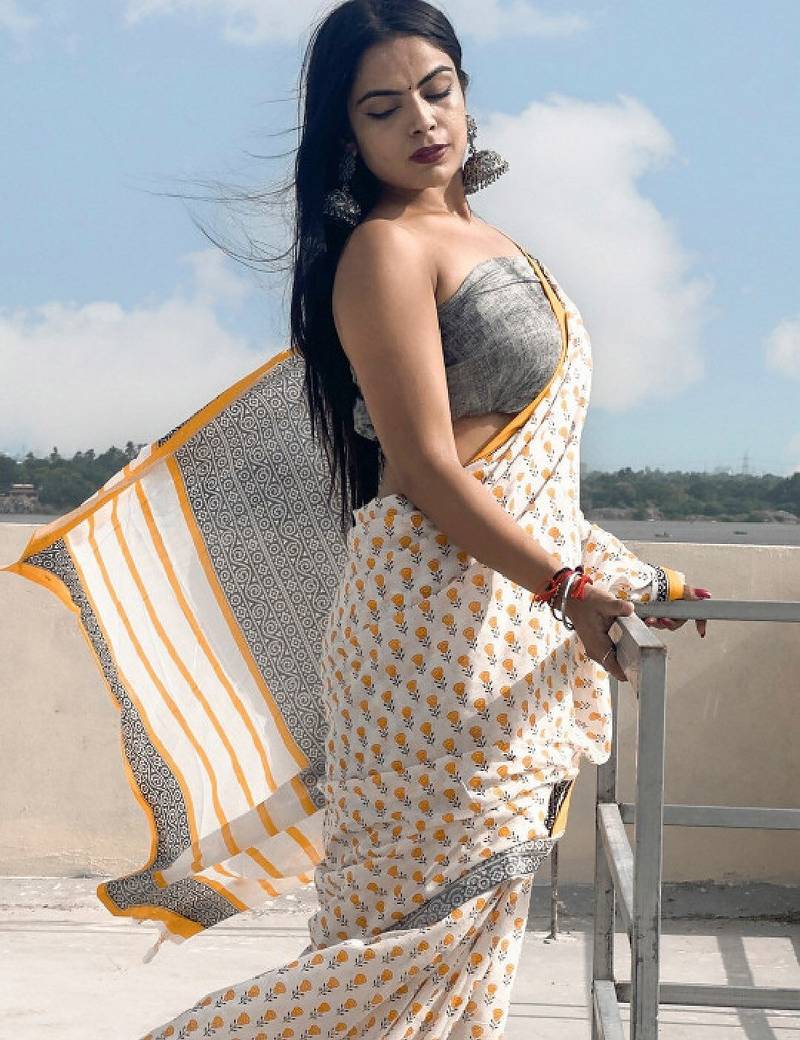 Floral printed pure cotton bagru saree