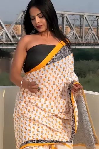 Floral printed pure cotton bagru saree