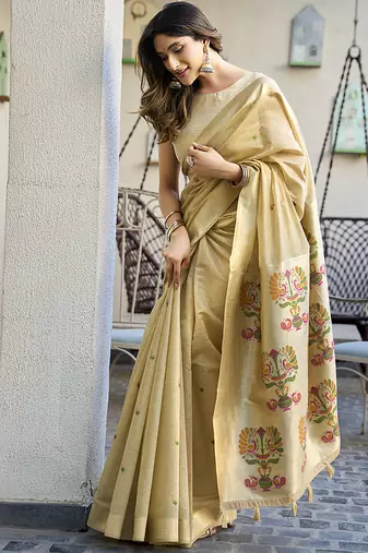 Beige cotton blend jacquard saree with traditional paithani pallu