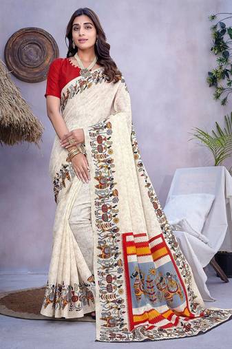 cream mysore silk saree with ethnic motifs print work