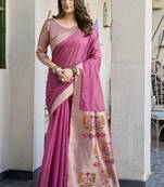 Onion pink cotton blend jacquard saree with traditional paithani pallu