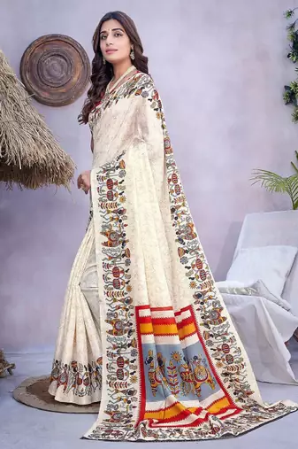 cream mysore silk saree with ethnic motifs print work