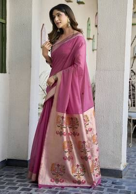 Onion pink cotton blend jacquard saree with traditional paithani pallu 2