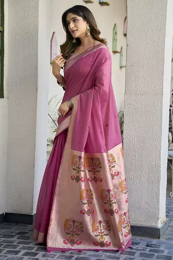 Onion pink cotton blend jacquard saree with traditional paithani pallu