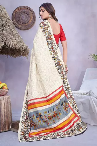 cream mysore silk saree with ethnic motifs print work