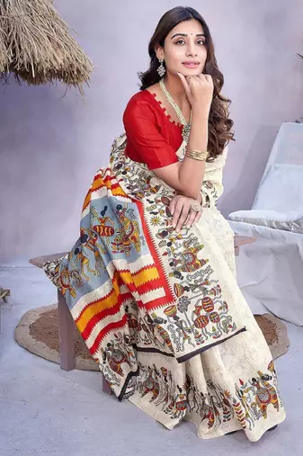 cream mysore silk saree with ethnic motifs print work