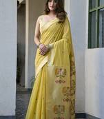 Lemon yellow cotton blend jacquard saree with traditional paithani pallu