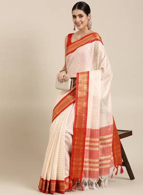 White & red checked zari silk cotton saree 1