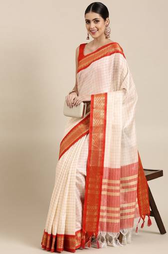 white red silk cotton saree with checked zari work